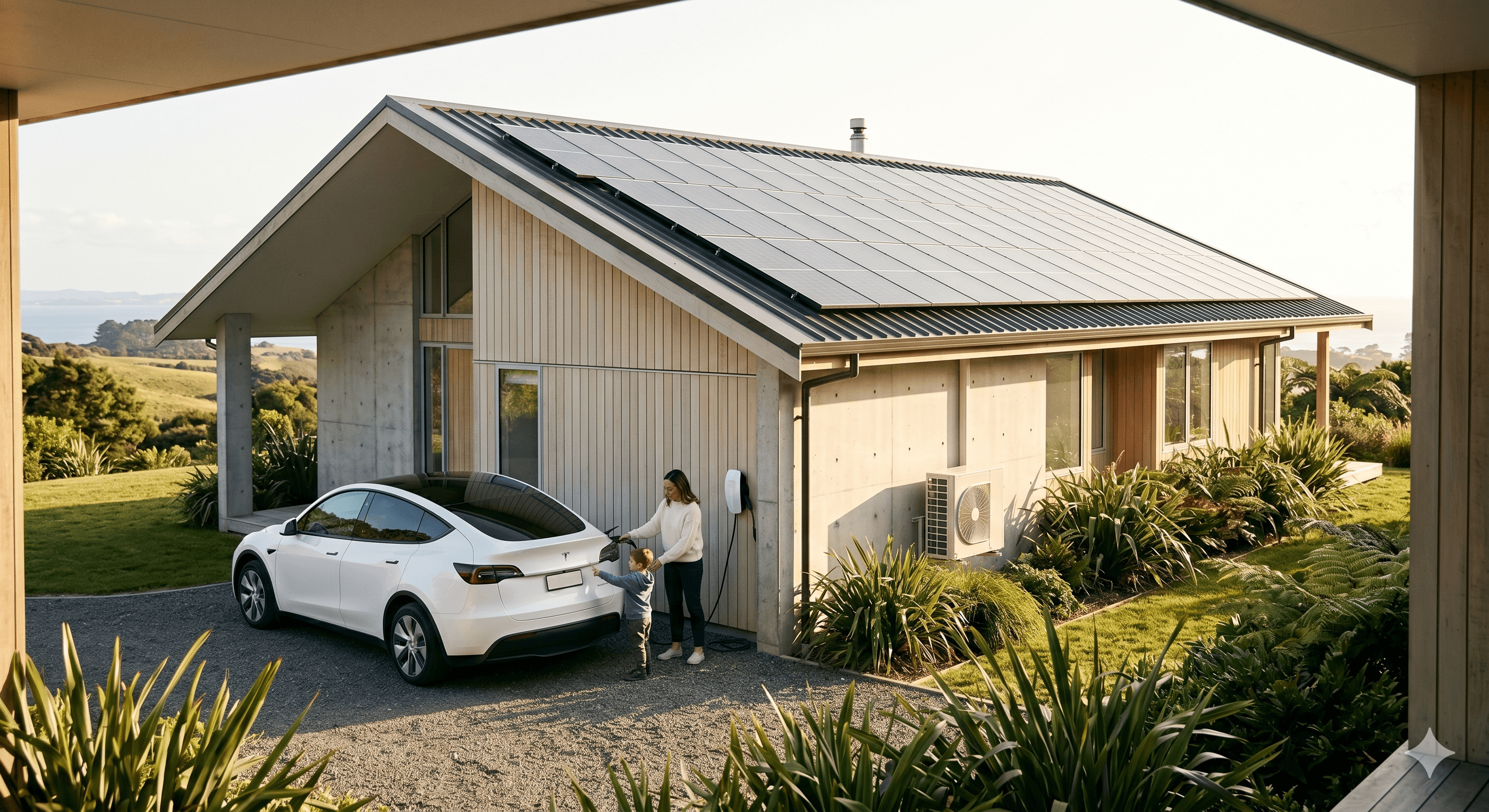 A modern timber-clad NZ home with solar panels on the roof, a heat-pump unit on the side wall, and a parent and child plugging an EV in on the gravel driveway at golden hour, ocean visible in the distance.