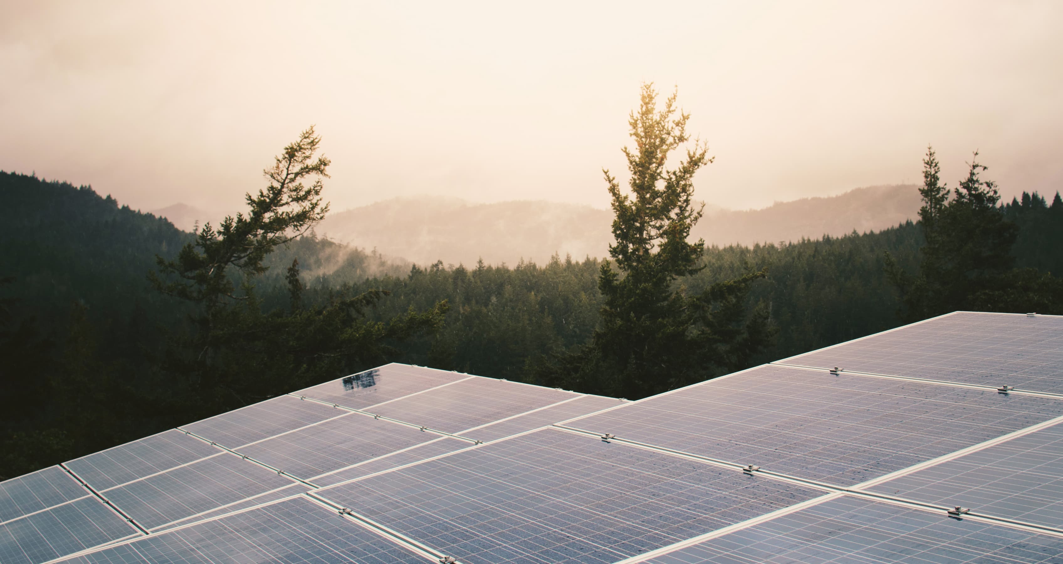 A residential rooftop solar array catching late-afternoon light, with misty forested ranges behind it.
